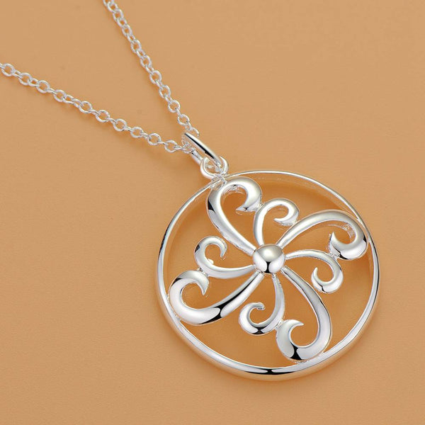 Lucky Silver - Silver Designer Round Flower Pendant Necklace - LOCAL STOCK - LSN1071