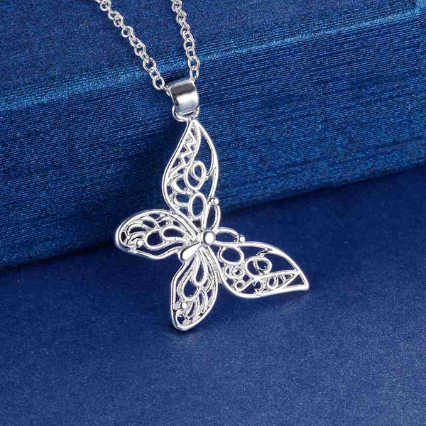 Lucky Silver - Silver Designer Diagonal Butterfly Single Pendant Necklace - LOCAL STOCK - LSN1445