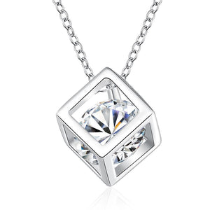 Lucky Silver - Silver Designer Cubed Crystal Necklace with Rolo Chain - LOCAL STOCK - LSN750