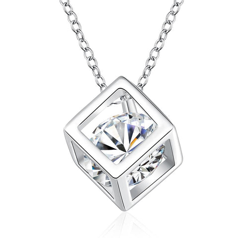 Lucky Silver - Silver Designer Cubed Crystal Necklace with Rolo Chain - LOCAL STOCK - LSN750