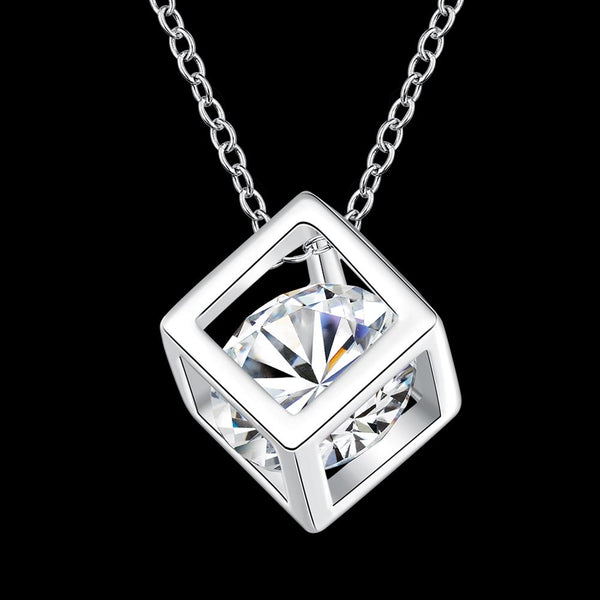 Lucky Silver - Silver Designer Cubed Crystal Necklace with Rolo Chain - LOCAL STOCK - LSN750