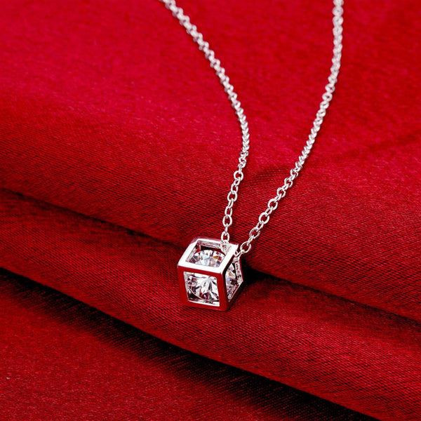 Lucky Silver - Silver Designer Cubed Crystal Necklace with Rolo Chain - LOCAL STOCK - LSN750