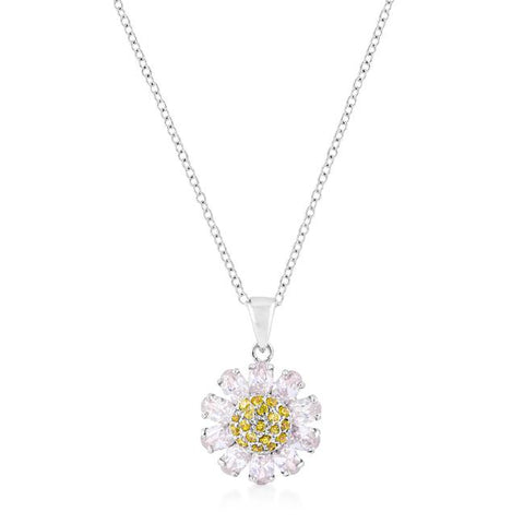 Silvertone Purple and Yellow Cubic Zirconia Floral Pendant - P11414R-V01