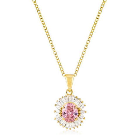Goldtone Pink CZ Oval Halo Pendant - P11417G-C12
