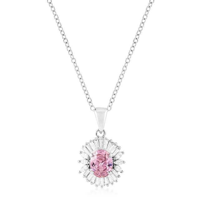 Rhodium Plated Pink CZ Oval Halo Pendant - P11417R-C12