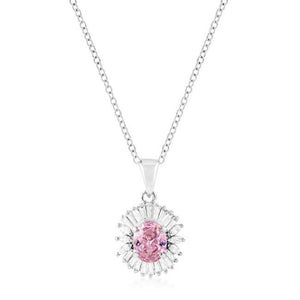 Rhodium Plated Pink CZ Oval Halo Pendant - P11417R-C12