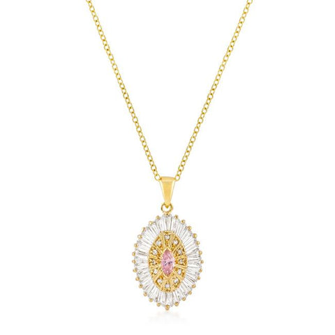 Goldtone Pink and Clear CZ Oval Halo Pendant - P11418G-C12