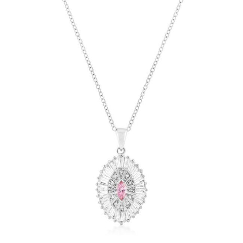 Silvertone Pink and Clear CZ Oval Halo Pendant - P11418R-C12