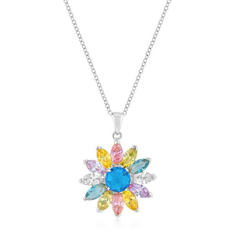 Rhodium Plated Colorful Flower Pendant - P11432R-V01