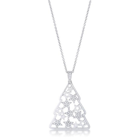 CZ Rhodium Christmas Tree With Mixed Stars Pave Holiday Pendant .2 ct - P11464R-C01