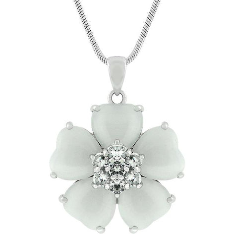 White Cats Eye Cubic Zirconia Flower Pendant - P20011R-C93