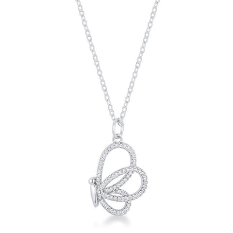 Whimsical Rhodium CZ Butterfly Pendant and Necklace - P50187R-C01