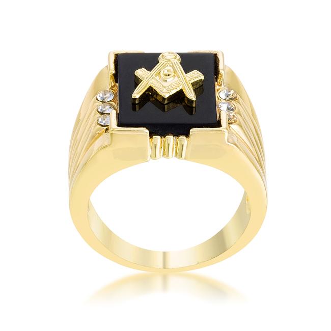 Goldtone Onyx Masonic Ring with CZ Accents - R06239G-V02