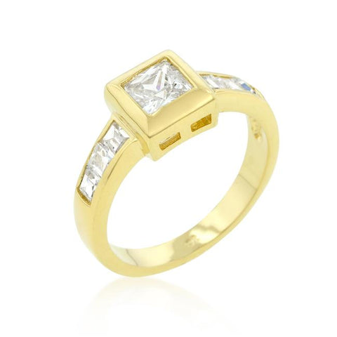 Simple Golden Square Bezel Cubic Zirconia Ring - R07093G-C01