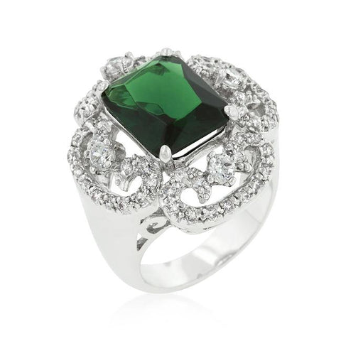 Rhodium Plated Green Cocktail Ring - R08179R-C40