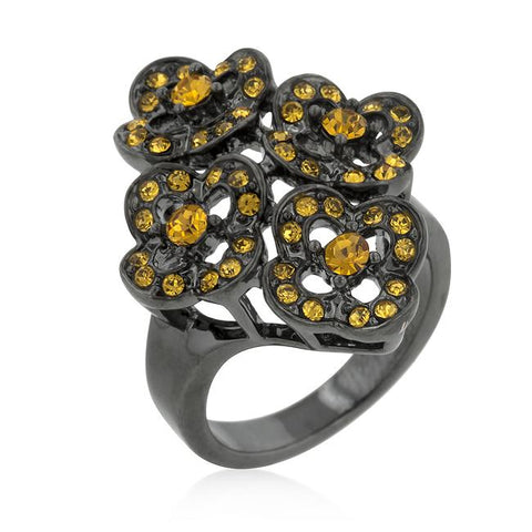 Black Mystique Yellow Crystal Floral Ring - R08246B-V01
