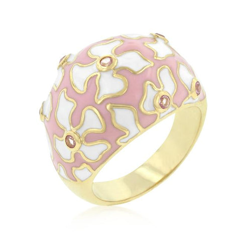 Floral Pink and White Enamel Ring - R08255G-C12