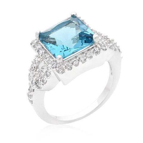Halo Style Princess Cut Aqua Blue Cocktail Ring - R08352R-C32