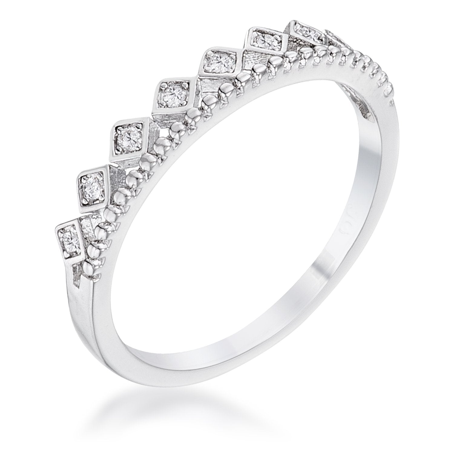 Rhodium Plated CZ Mini Crown Stackable Band .14Ct  - R08591R-C01