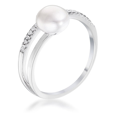 Rhodium Plated Freshwater Pearl Ring With CZ Micro Pave Band .15Ct - R08592R-C84