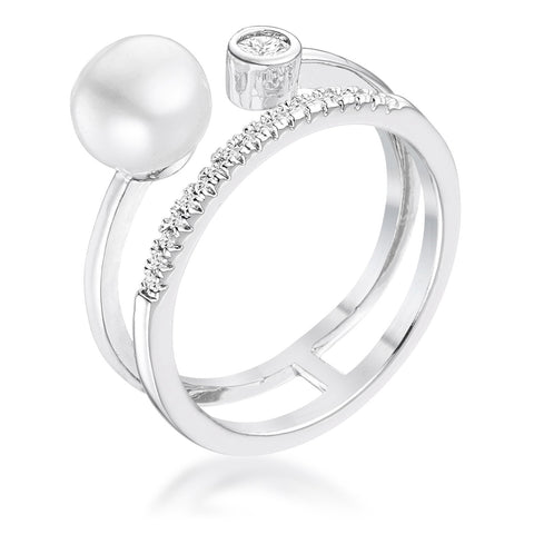 Rhodium Plated CZ and Freshwater Pearl Contemporary Double Band Ring .15Ct - R08593R-C84