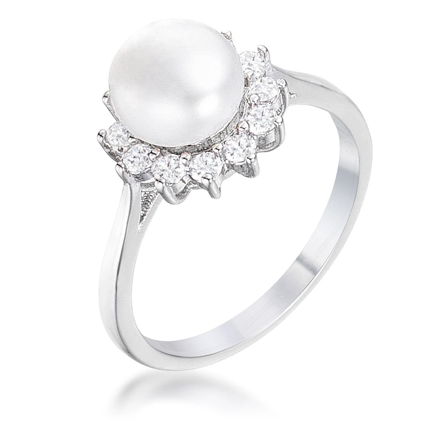 Rhodium Plated Freshwater Pearl and CZ Halo Ring .36Ct - R08595R-C84