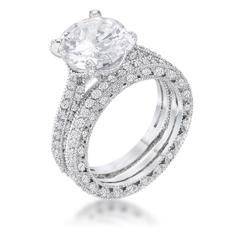 5.32Ct Vintage Rhodium Plated CZ Encrusted Engagement Set - R08596R-C01