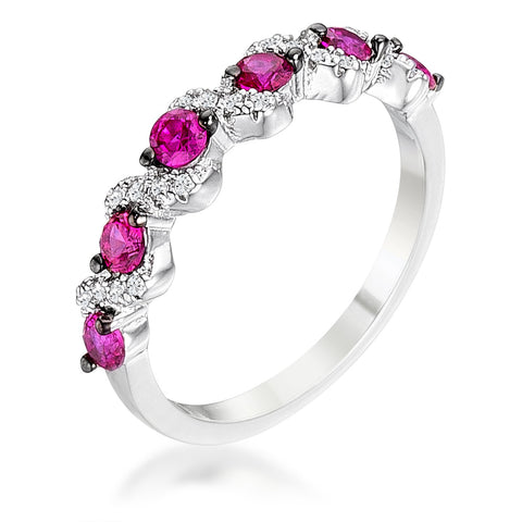 Rhodium and Hematite Plated S Shape Fuschia and Clear CZ Half Eternity Band .18Ct - R08598T-C17