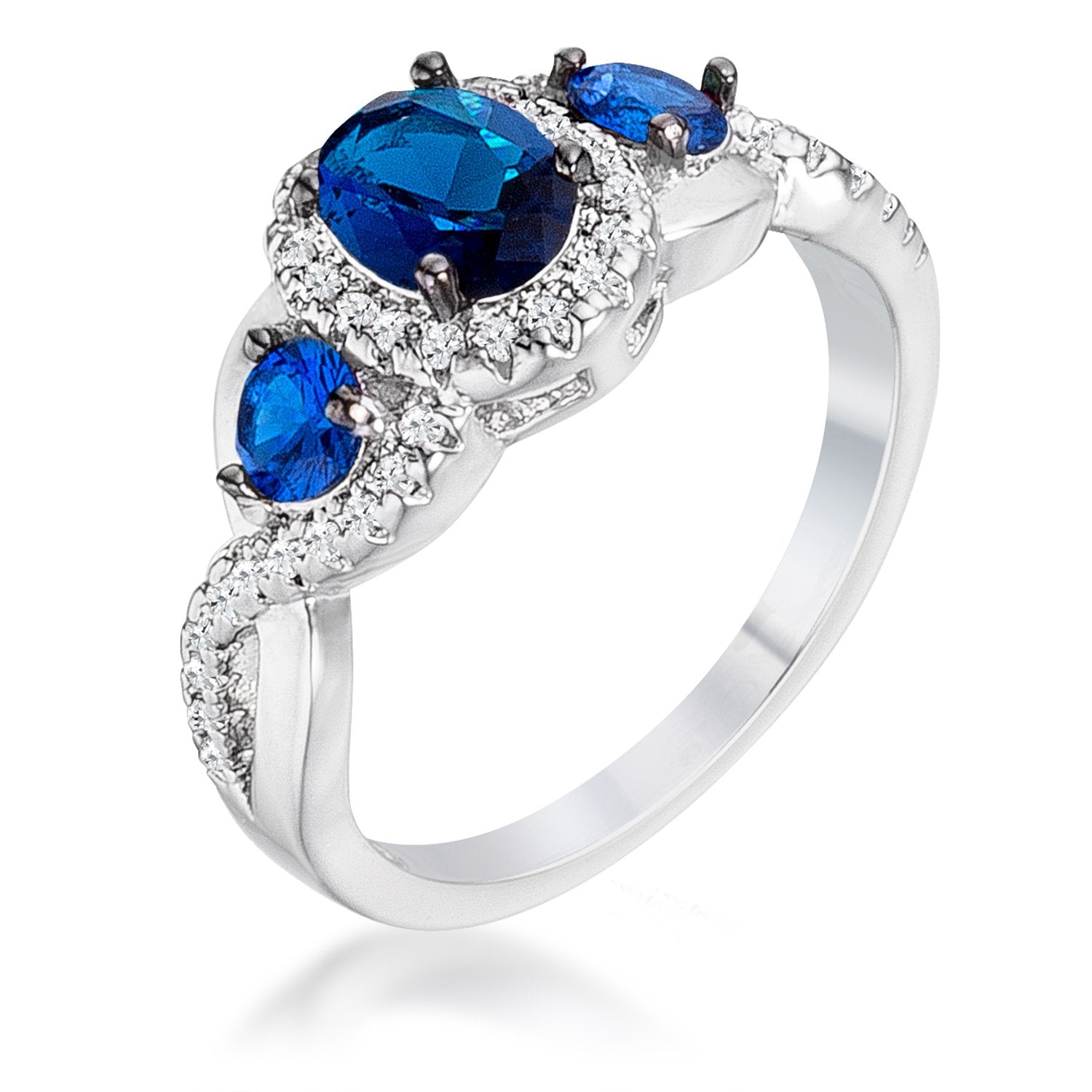 1.43Ct Rhodium & Hematite Plated Sapphire Blue & Clear CZ Three Stone Twisted  Ring - R08599T-C30