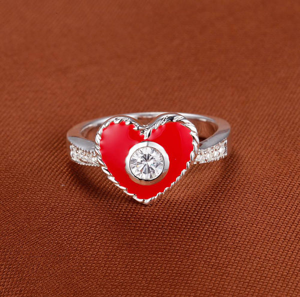 Lucky Silver - Silver Designer Enamel Heart Ring - Red - LOCAL STOCK - LSR181