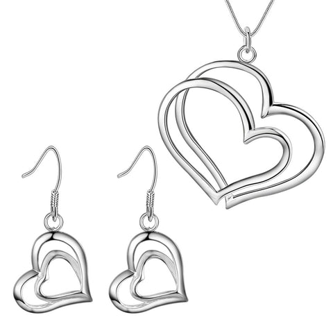 Lucky Silver - Silver Designer Double Heart Set Earrings and Necklace - LOCAL STOCK - LST288