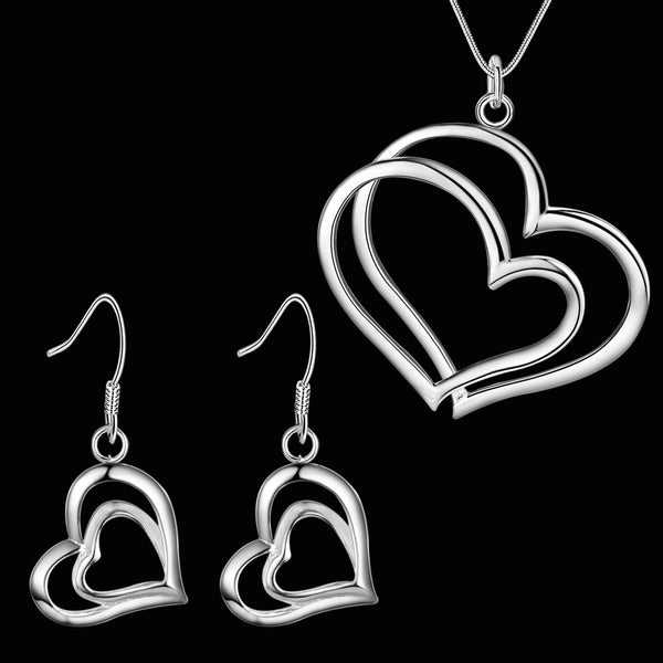 Lucky Silver - Silver Designer Double Heart Set Earrings and Necklace - LOCAL STOCK - LST288