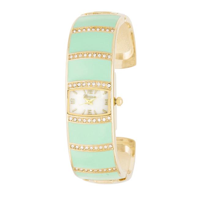 Gold Cuff Watch With Crystals - Mint - TW-13479-MINT