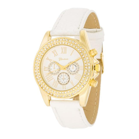 White Leather Watch With Crystals - TW-14032-WHITE