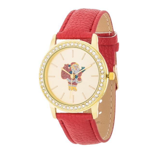 Gold Santa Crystal Watch With Red Leather Strap - TW-14184-RED