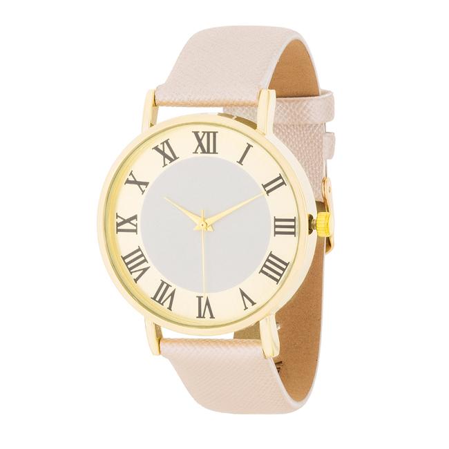 Gold Classic Watch With Champagne Leather Strap - TW-14753-CHAMPAGNE