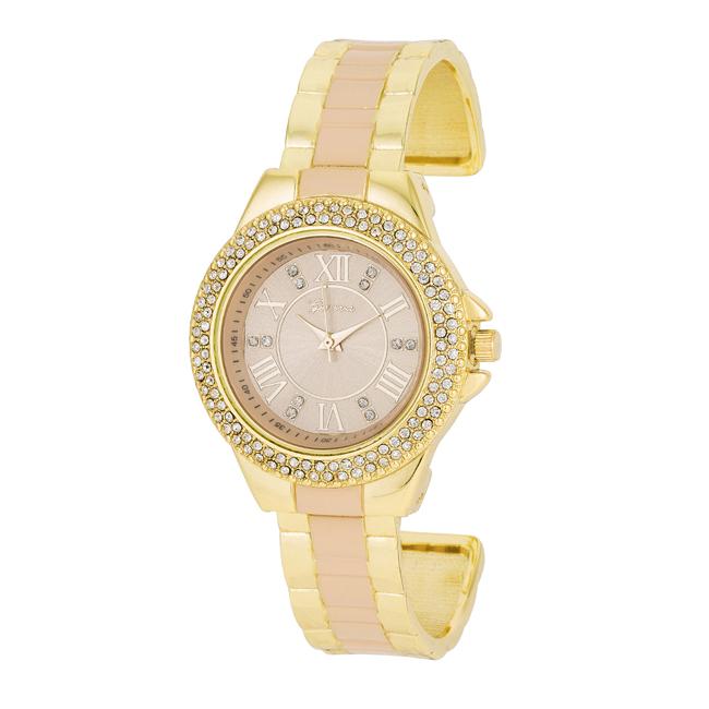 Gold Metal Cuff Watch With Crystals - Beige - TW-15272-BEIGE