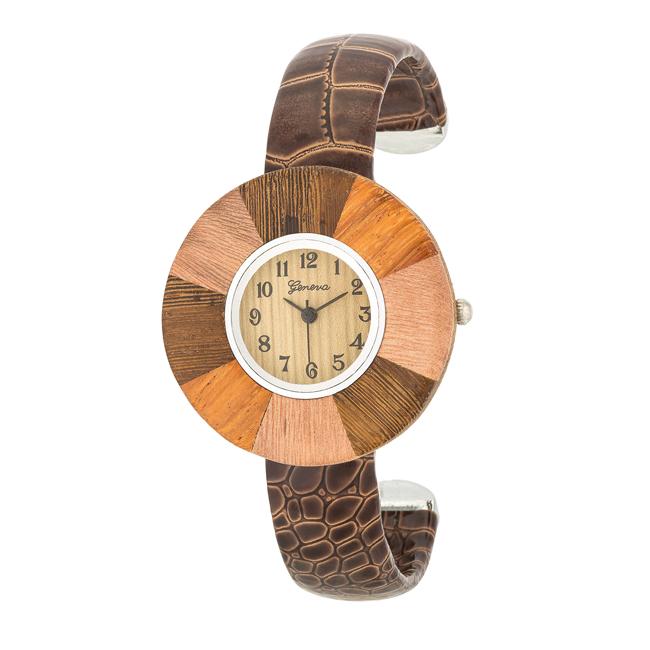 Brenna Dark Brown Wood Inspired Leather Cuff Watch - TW-25951-BROWN