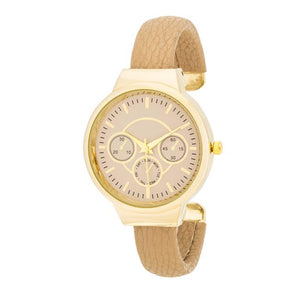 Reyna Gold Beige Leather Cuff Watch - TW-26421-BEIGE
