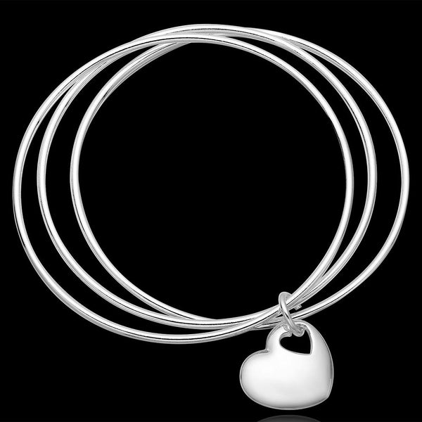 Lucky Silver - Silver Designer 3 Ring Bangle with Heart Pendant - LSB175