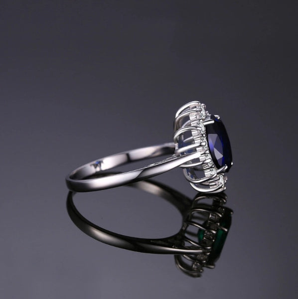 Sterling Silver Ring with created 3.2 ct Sapphire and Diamonds