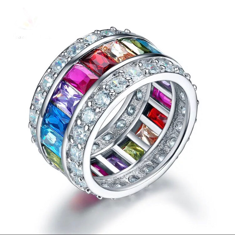 Multi-Color Stone Band Wedding Solid 925 Sterling Silver Ring CFR8241