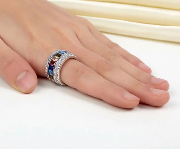 Multi-Color Stone Band Wedding Solid 925 Sterling Silver Ring CFR8241
