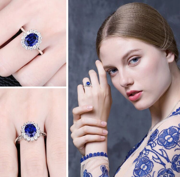 Sterling Silver Ring with created 3.2 ct Sapphire and Diamonds